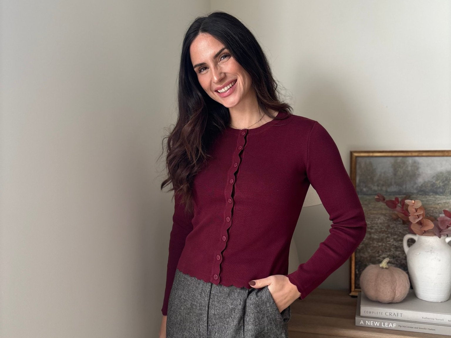 'Pass the Bordeaux' Scalloped Button Down Cardigan - Love and Lee Apparel