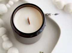 Lavender + Ylang 8 oz. Soy Wax Candle with Wood Wick in Amber Jar - Love and Lee Apparel