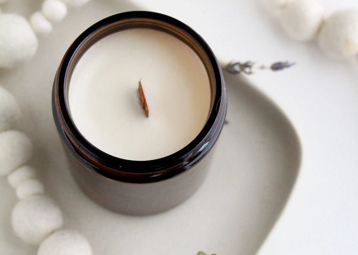Lavender + Ylang 8 oz. Soy Wax Candle with Wood Wick in Amber Jar - Love and Lee Apparel