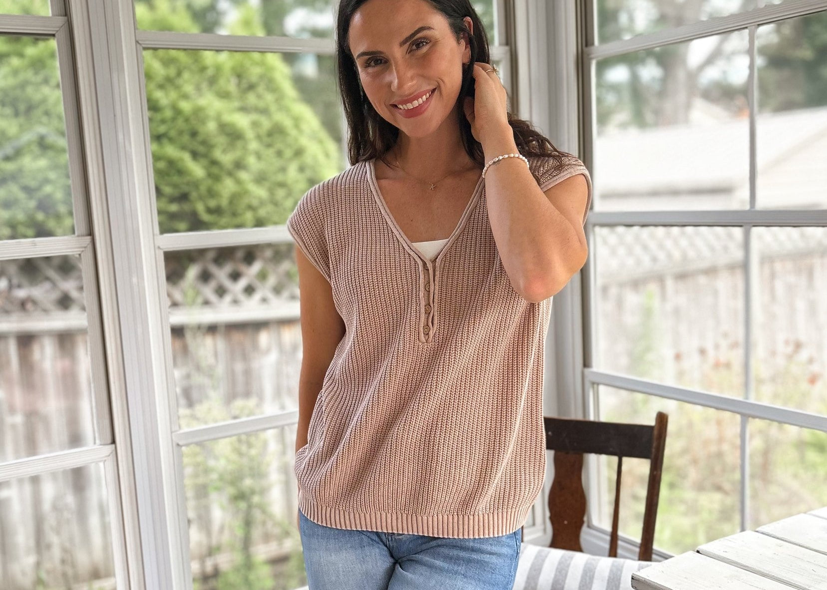 The Fallon Raw Edge Short Sleeve Henley Sweater Knit Top - Love and Lee Apparel