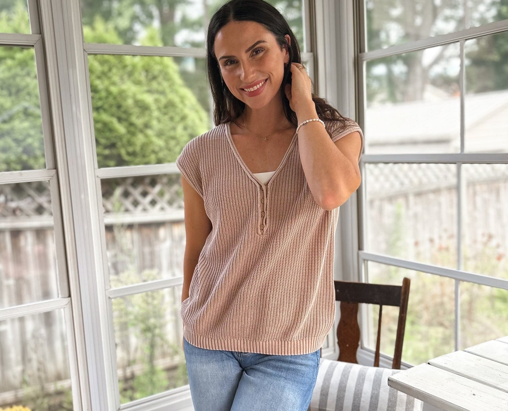 The Fallon Raw Edge Short Sleeve Henley Sweater Knit Top - Love and Lee Apparel