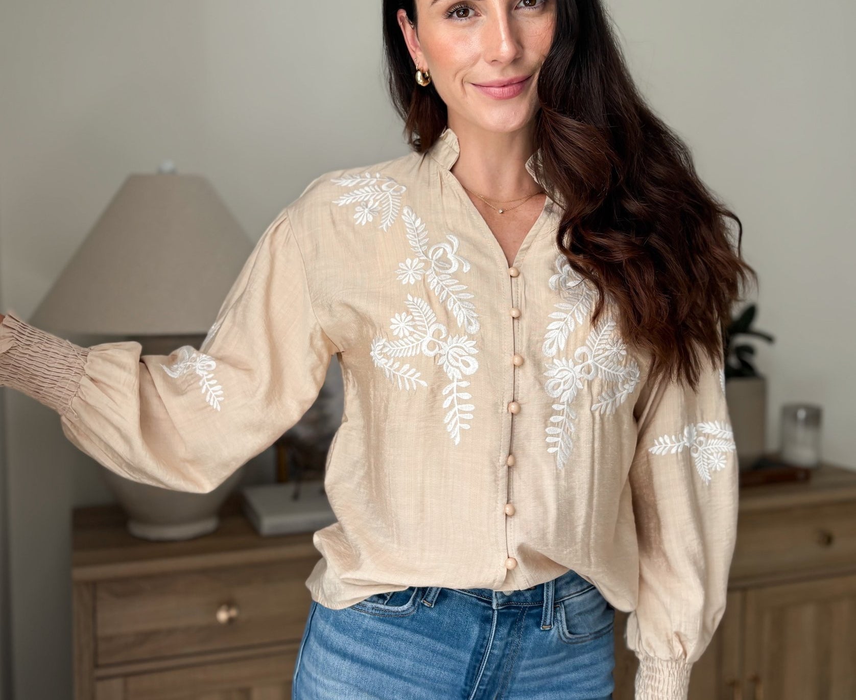 The Aspen Floral Embroidered Cotton Blend Blouse Boho Puff Sleeve - Love and Lee Apparel
