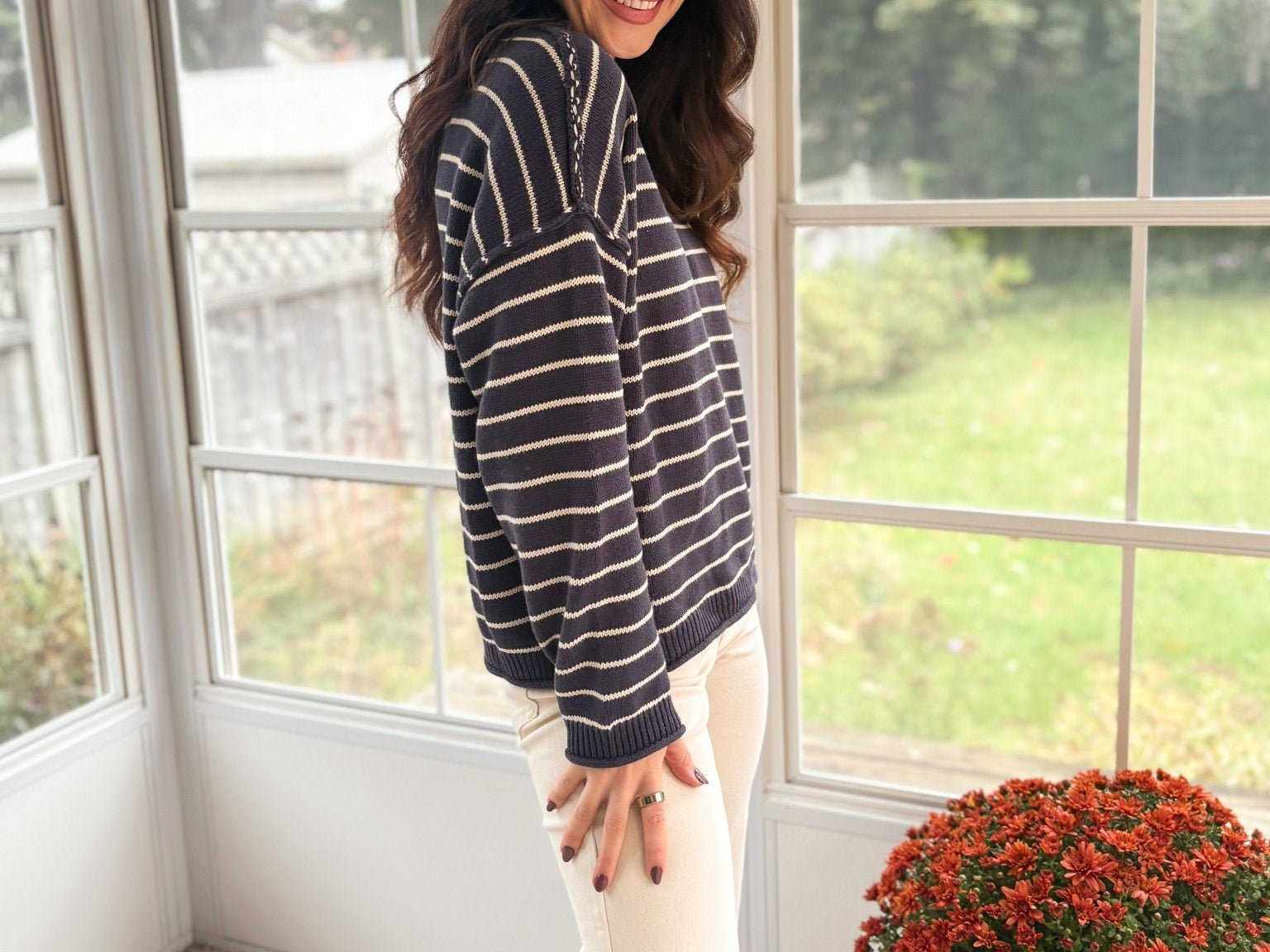 The Highlands Striped Drop Shoulder Crew Neck Sweater in Navy - Love and Lee Apparel