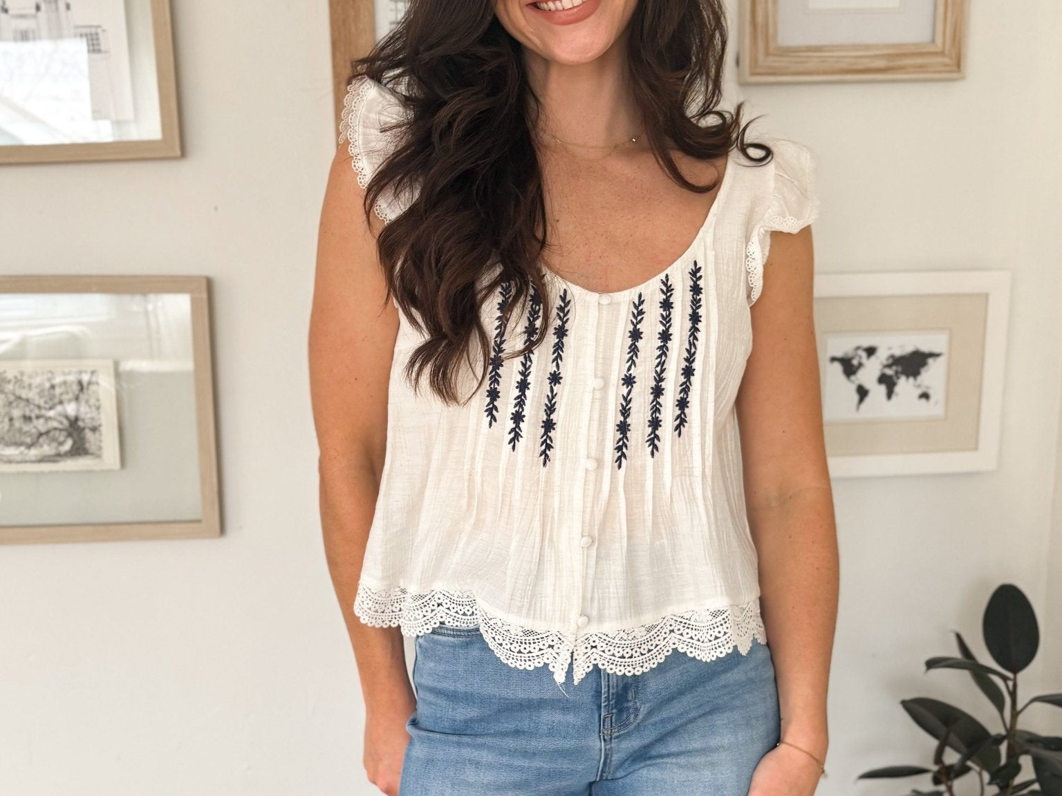 Evie Embroidery Lace Trim Pintuck Button Down Top - Love and Lee Apparel