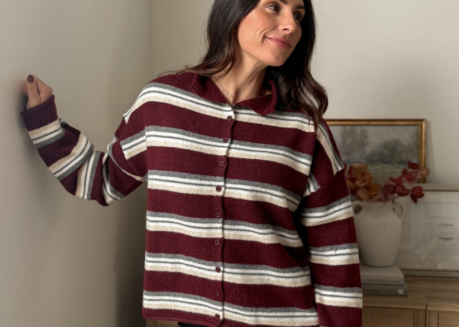 The 'Sparkling Cider' Multi-Color Stripe Rolled Neck Knit Cardigan - Love and Lee Apparel