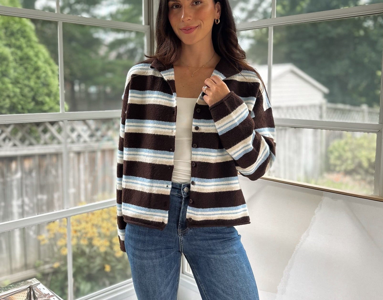 'Yale Bookclub' Multi-Color Stripe Rolled Neck Knit Cardigan - Love and Lee Apparel