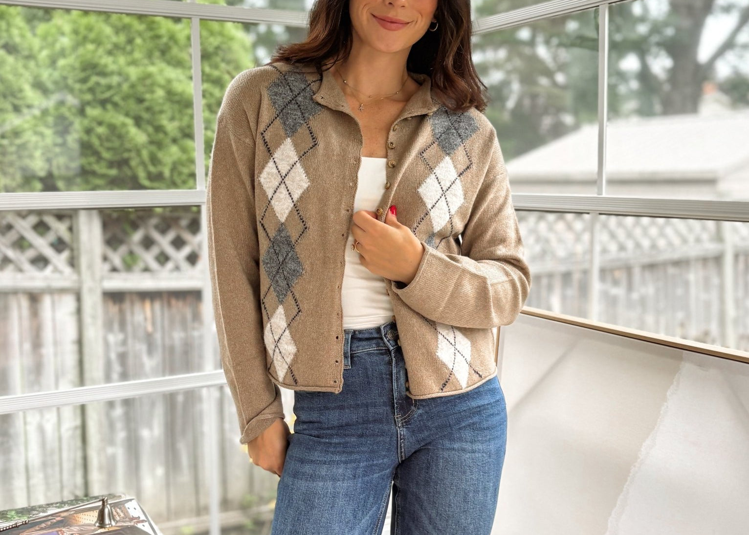 'Freshman Fall' Argyle Mock Neck Button Down Knit Cardigan - Love and Lee Apparel