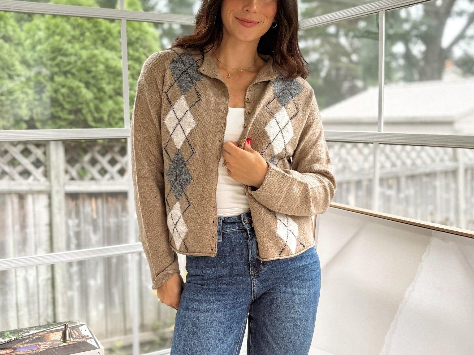 'Freshman Fall' Argyle Mock Neck Button Down Knit Cardigan - Love and Lee Apparel