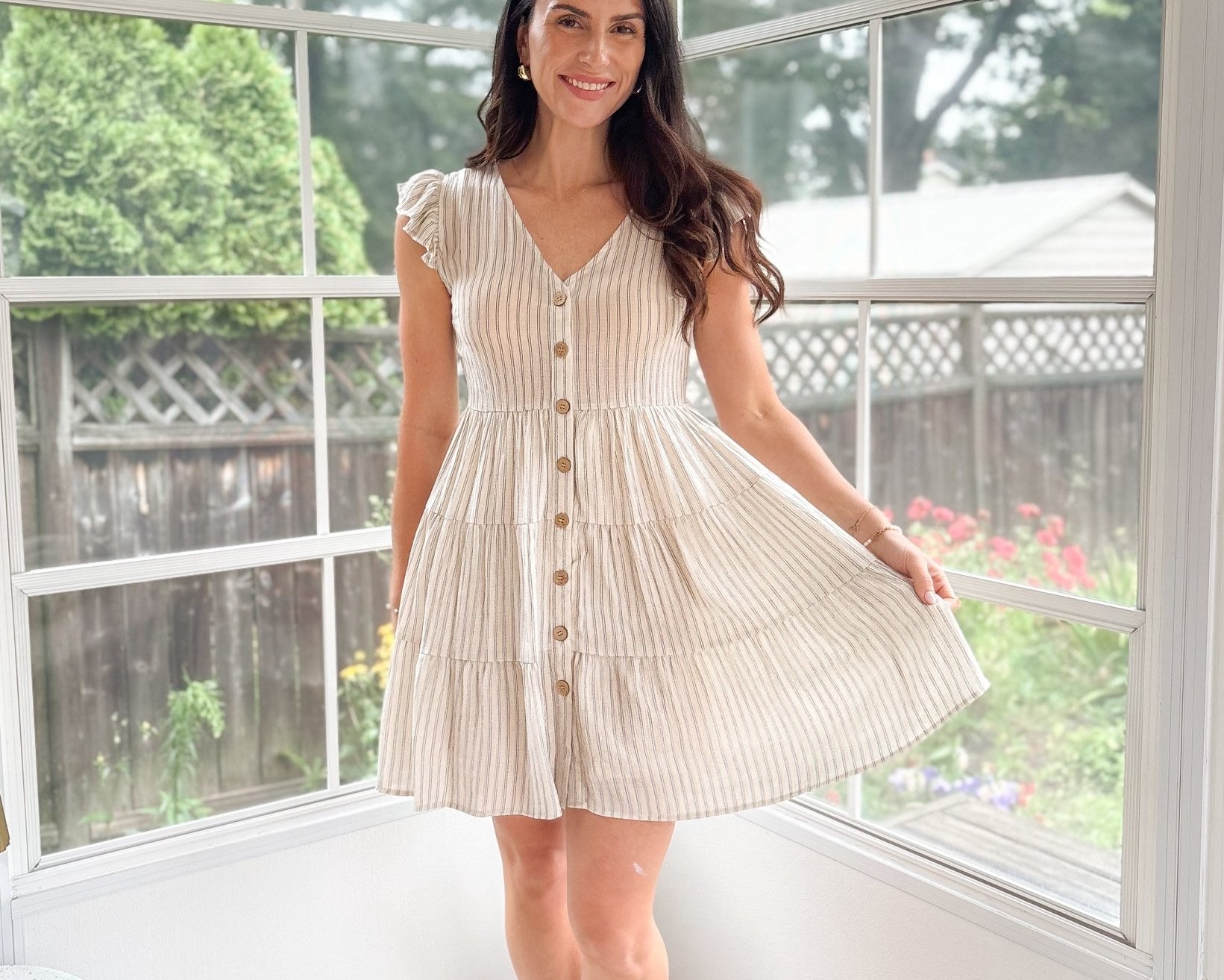 Rhea Stripe V Neck Button Down Tiered Dress - Love and Lee Apparel