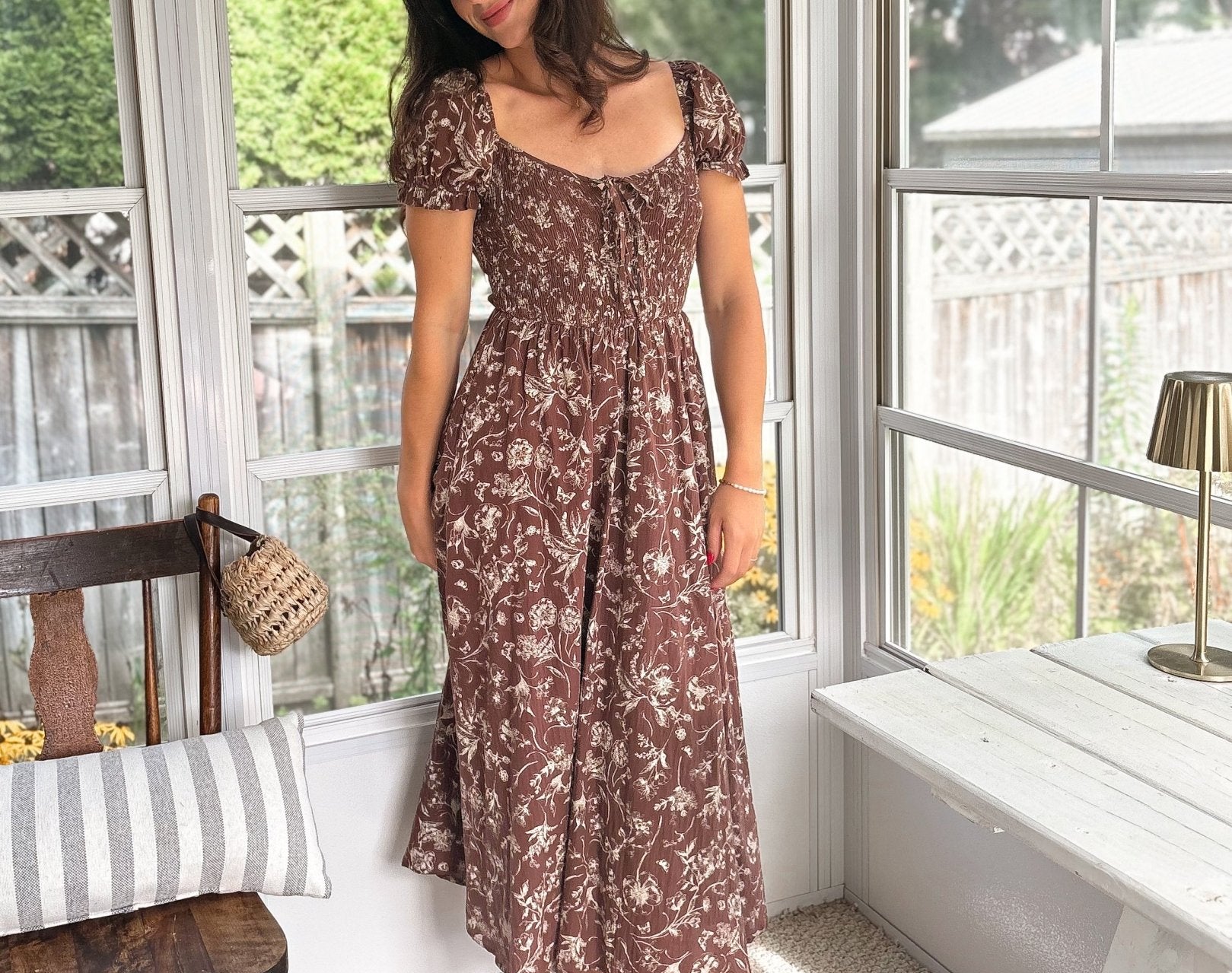 The Elphie Floral Toile Front Tie Smocked Midi Dress - Love and Lee Apparel