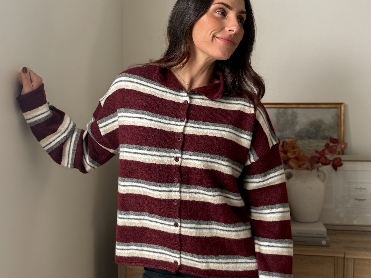 The 'Sparkling Cider' Multi-Color Stripe Rolled Neck Knit Cardigan - Love and Lee Apparel