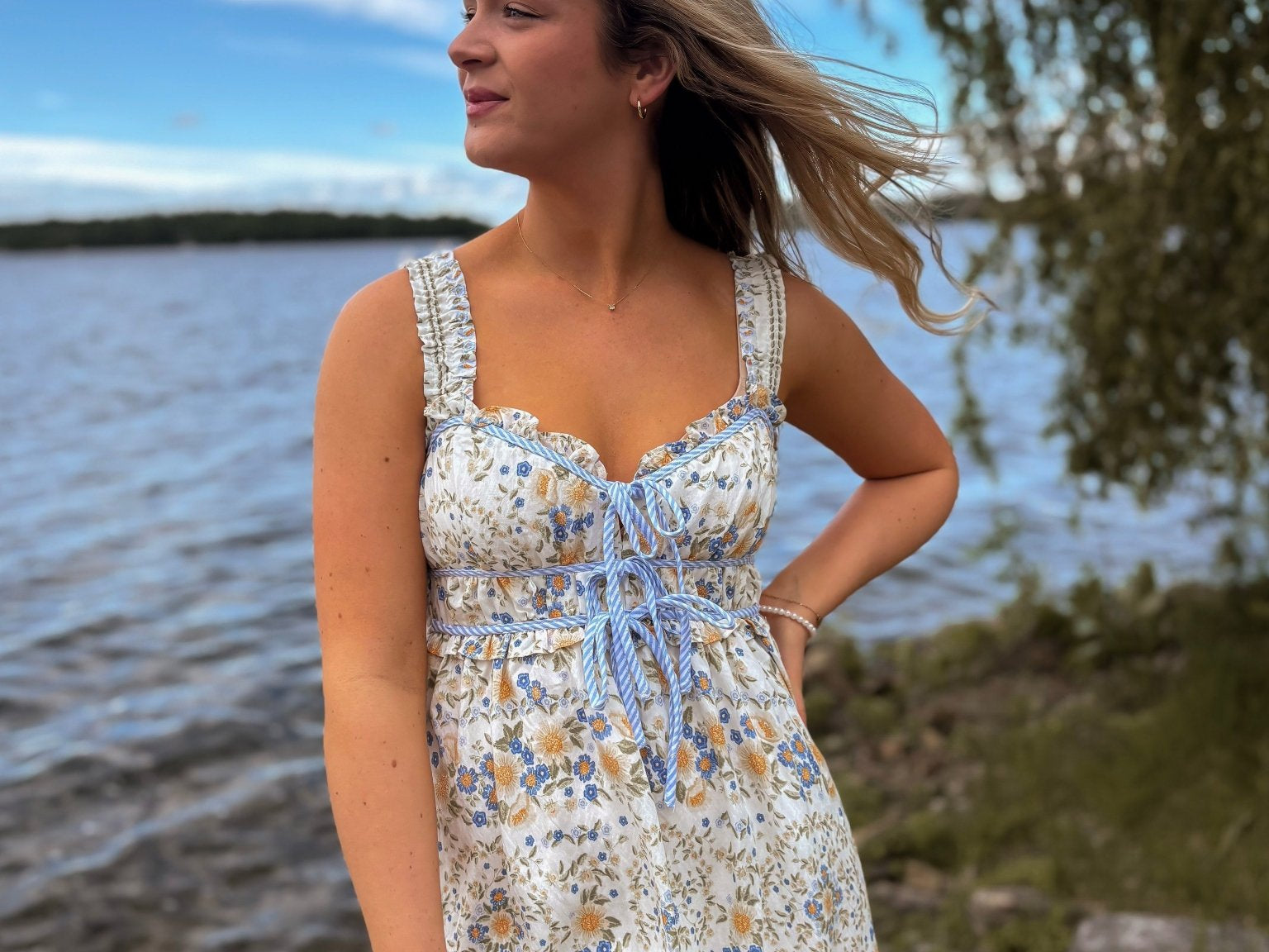 Seaview Border Floral Sleeveless Front Tie Midi Dress - Love and Lee Apparel