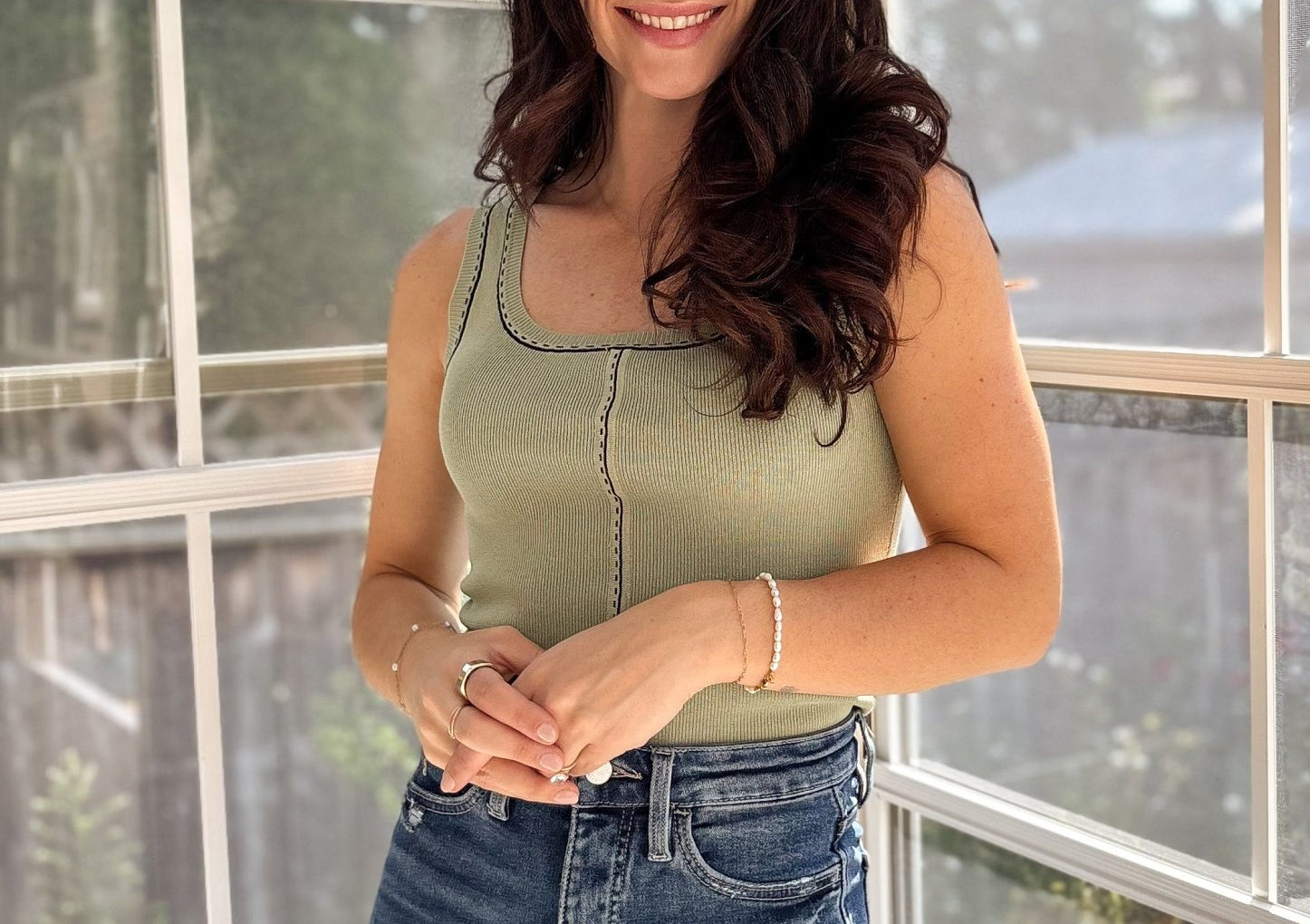 Tawny Contrast Line Stitch Detail Knit Tank - Love and Lee Apparel