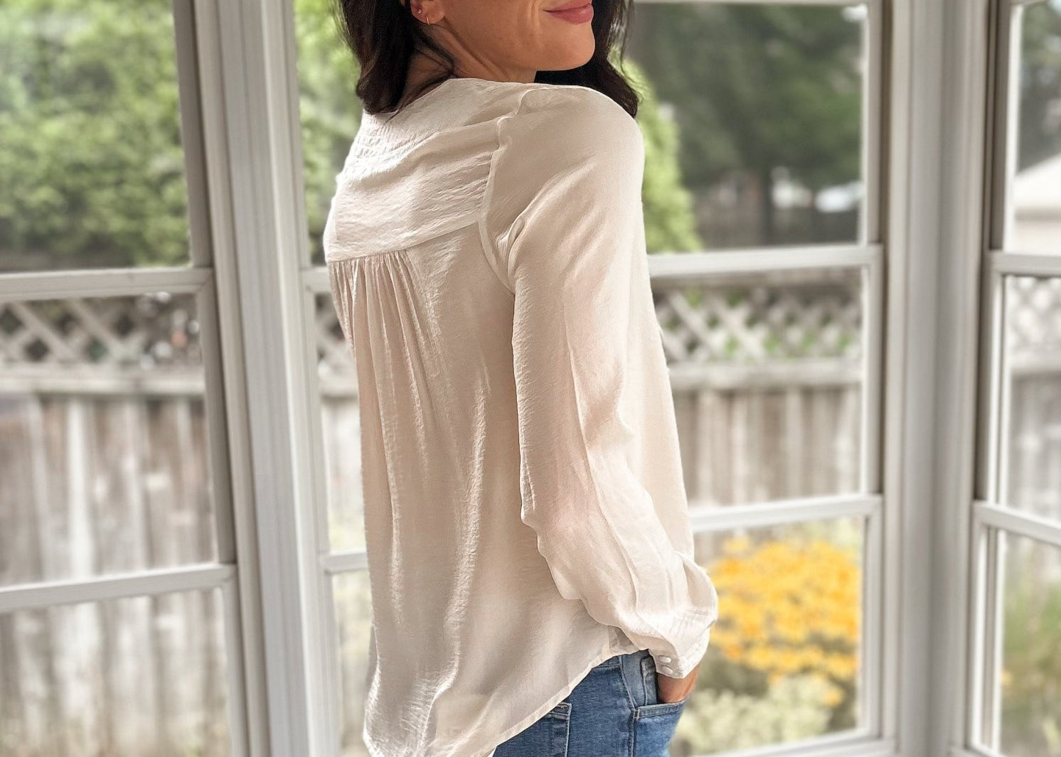 The Marcella Textured Satin V Neck Long Sleeve Blouse - Love and Lee Apparel
