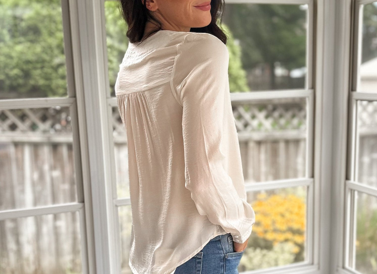 The Marcella Textured Satin V Neck Long Sleeve Blouse - Love and Lee Apparel