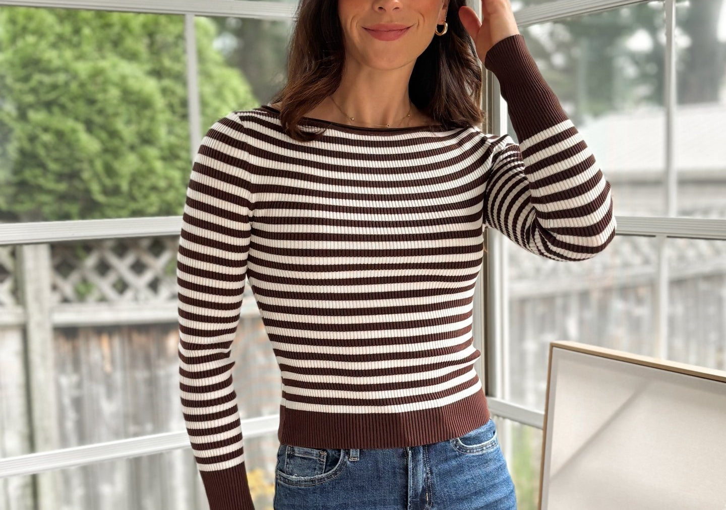 'Study Hall' Boat Neck Stripe Ribbed Long Sleeve Sweater Top - Love and Lee Apparel