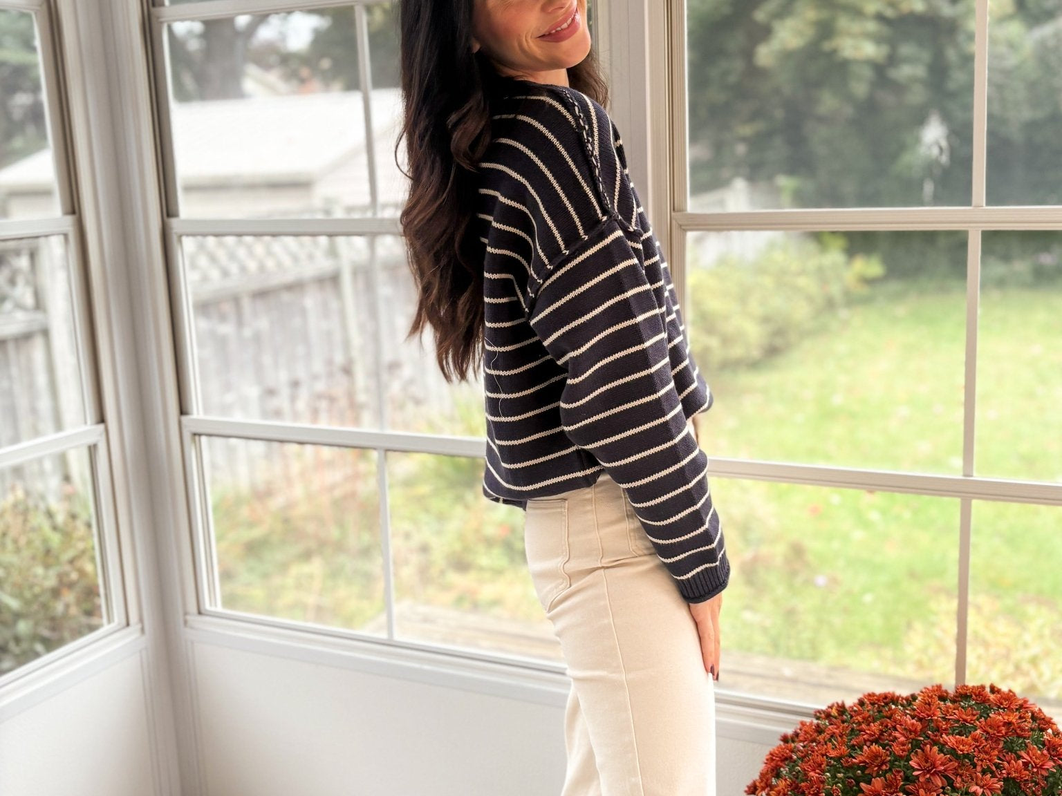 The Highlands Striped Drop Shoulder Crew Neck Sweater in Navy - Love and Lee Apparel