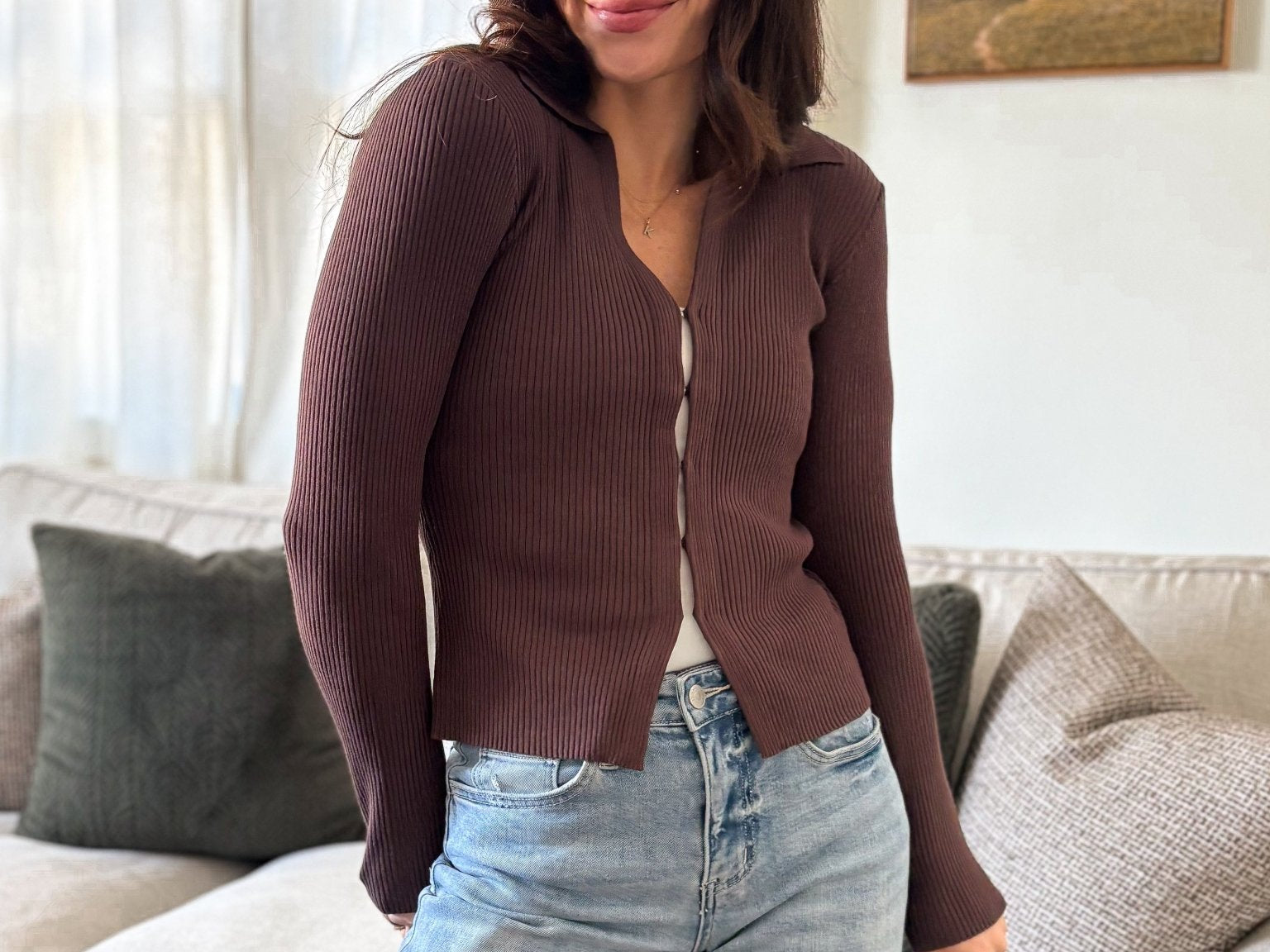 The Cora Front Hook Collared Long Sleeve Knit Cardigan in Brown - Love and Lee Apparel