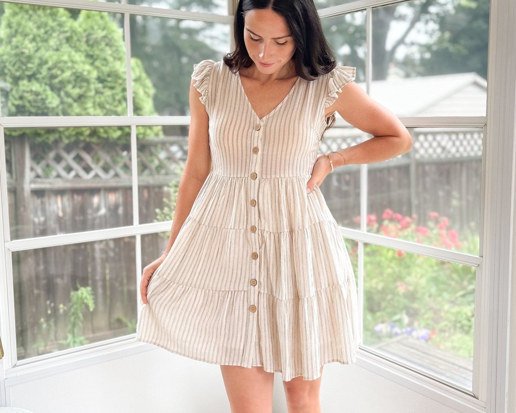 Rhea Stripe V Neck Button Down Tiered Dress - Love and Lee Apparel