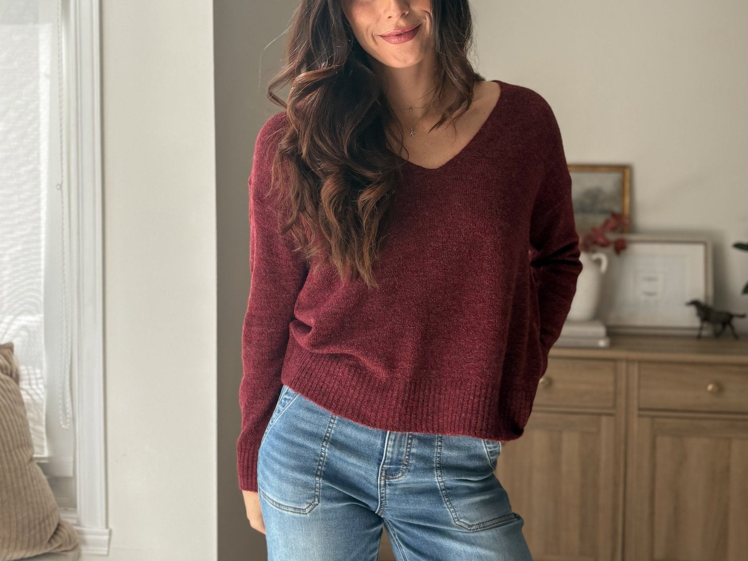 The 'Elanora' Long Sleeve V-Neck Pullover Knit in Cabernet - Love and Lee Apparel
