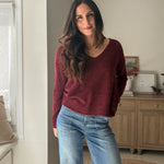 The 'Elanora' Long Sleeve V-Neck Pullover Knit in Cabernet - Love and Lee Apparel