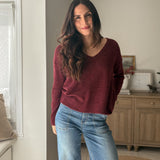 The 'Elanora' Long Sleeve V-Neck Pullover Knit in Cabernet - Love and Lee Apparel