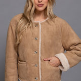 The Monique Long Sleeve Gold Button Closure Inner Fur Faux Suede Jacket - Love and Lee Apparel