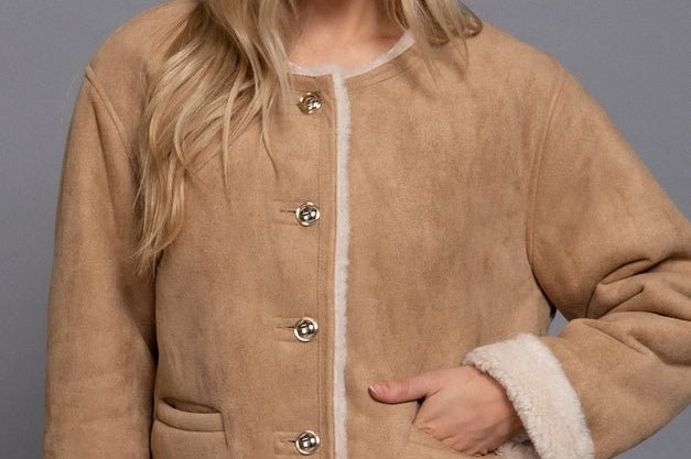 The Monique Long Sleeve Gold Button Closure Inner Fur Faux Suede Jacket - Love and Lee Apparel