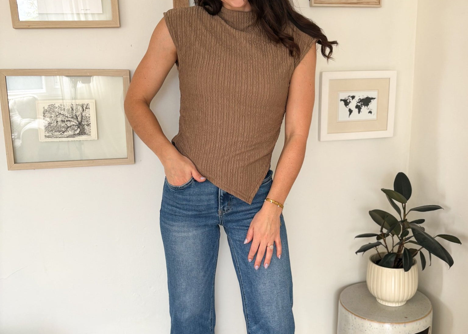 The Nikita Asymmetrical Hem Mock Neck Sleeveless Top in Mocha - Love and Lee Apparel