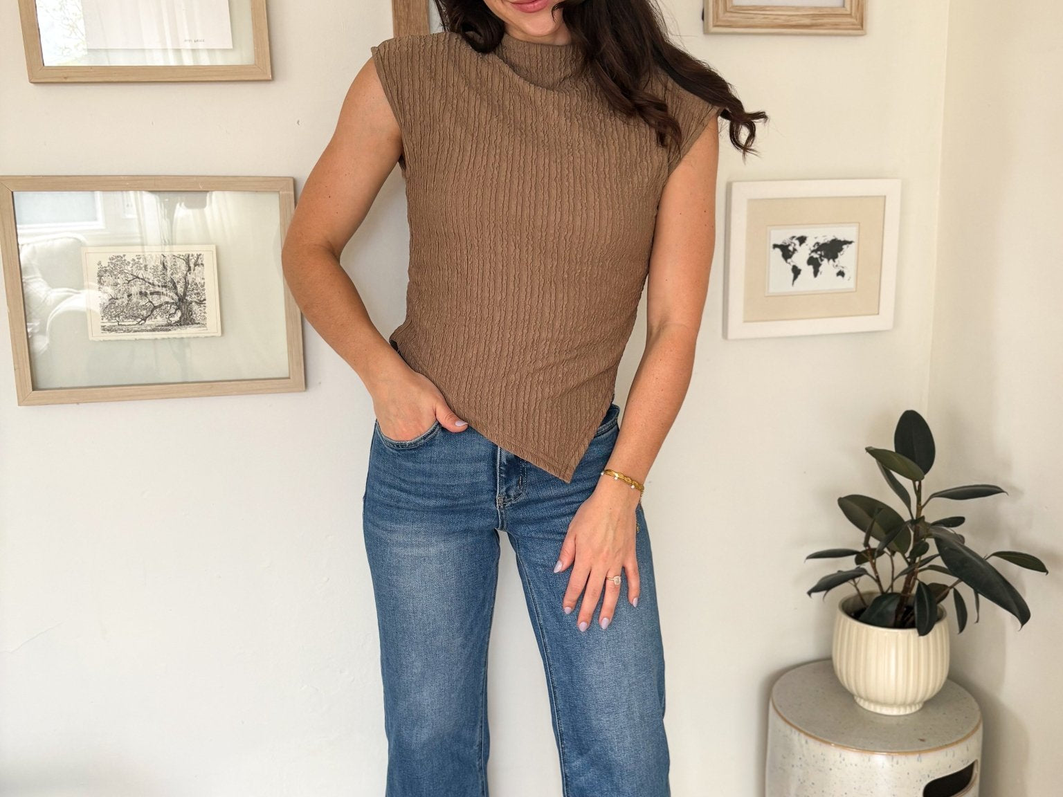 The Nikita Asymmetrical Hem Mock Neck Sleeveless Top in Mocha - Love and Lee Apparel