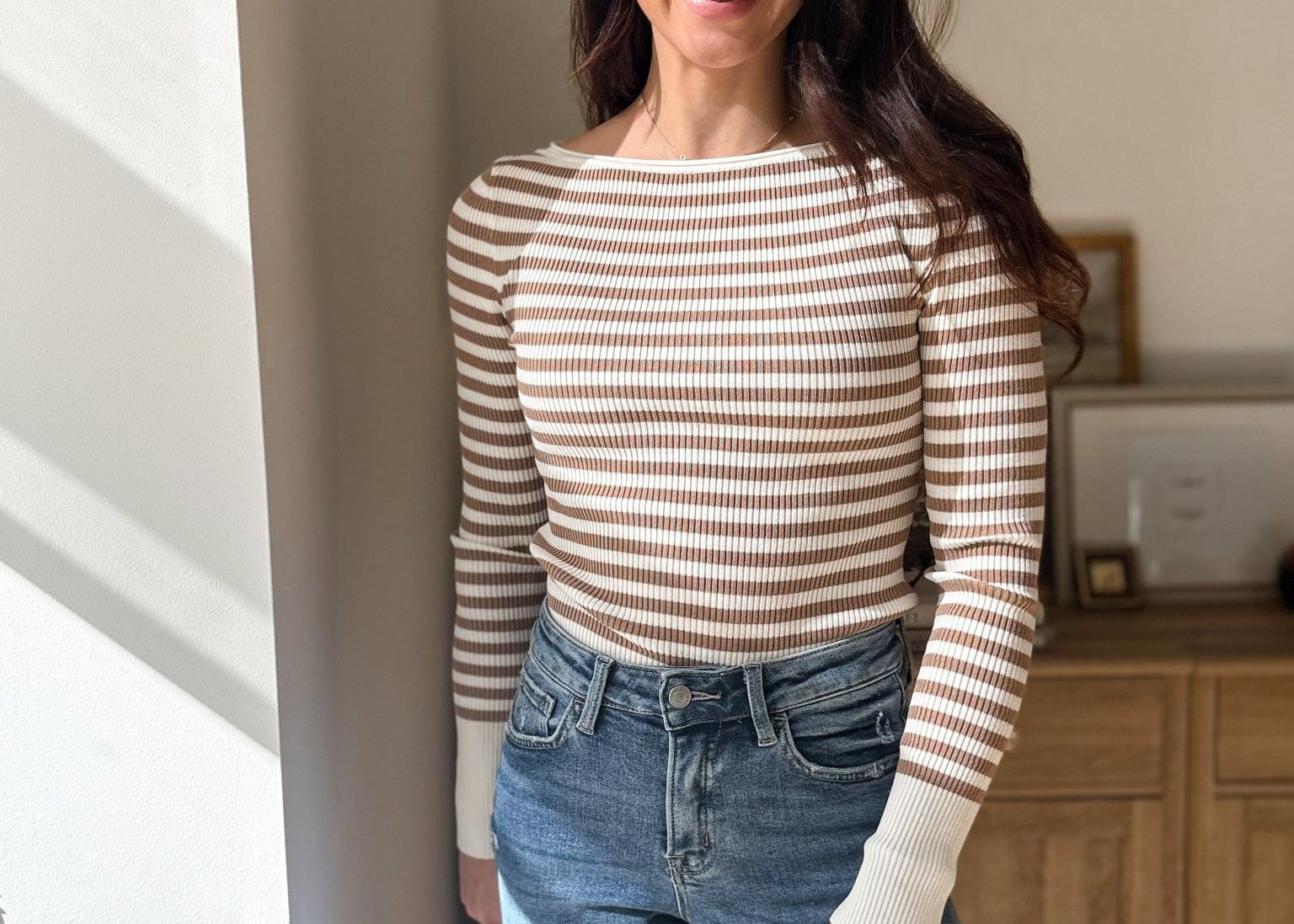 Atrium Boat Neck Stripe Ribbed Long Sleeve Sweater Top - Love and Lee Apparel