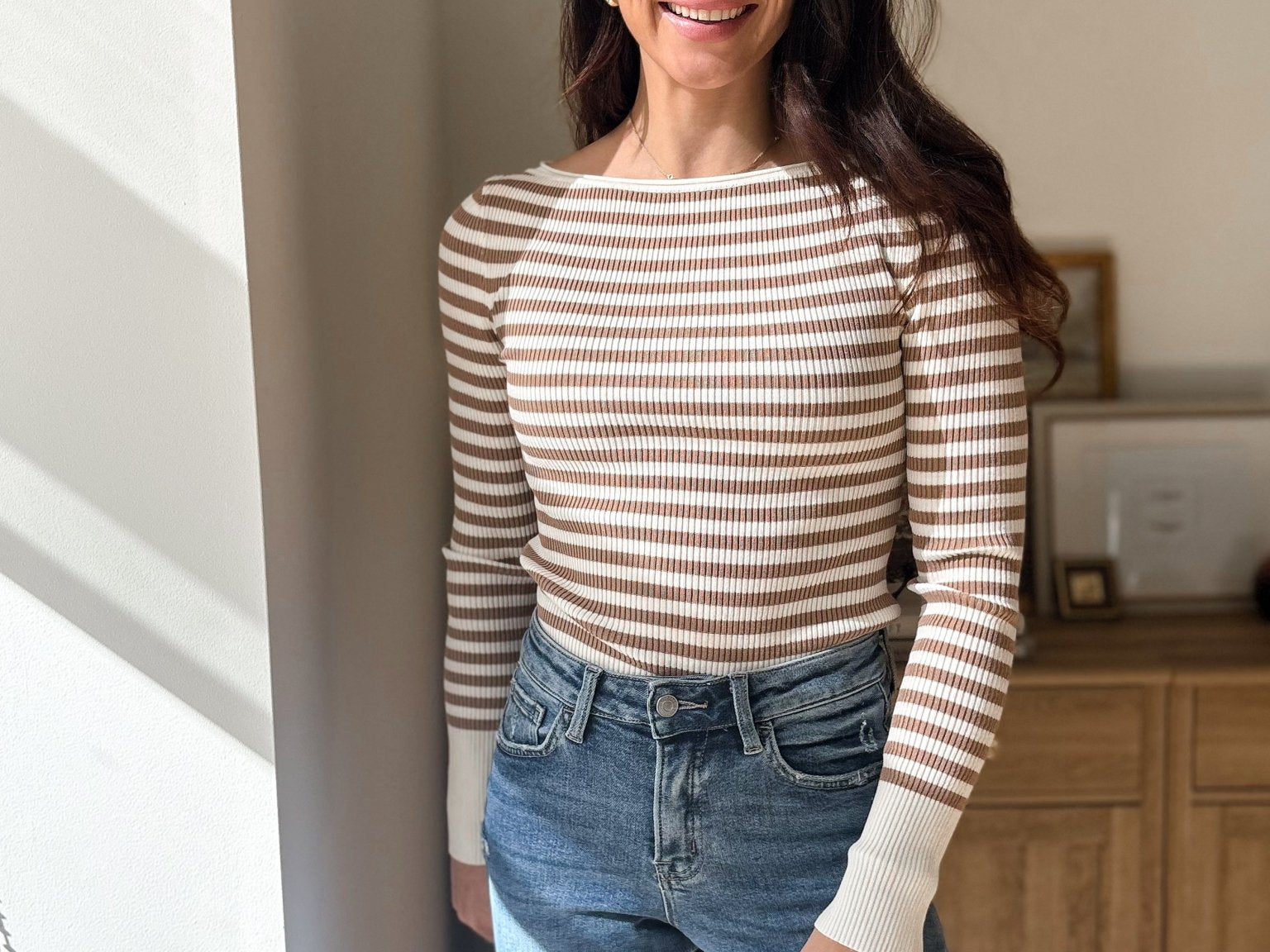 Atrium Boat Neck Stripe Ribbed Long Sleeve Sweater Top - Love and Lee Apparel
