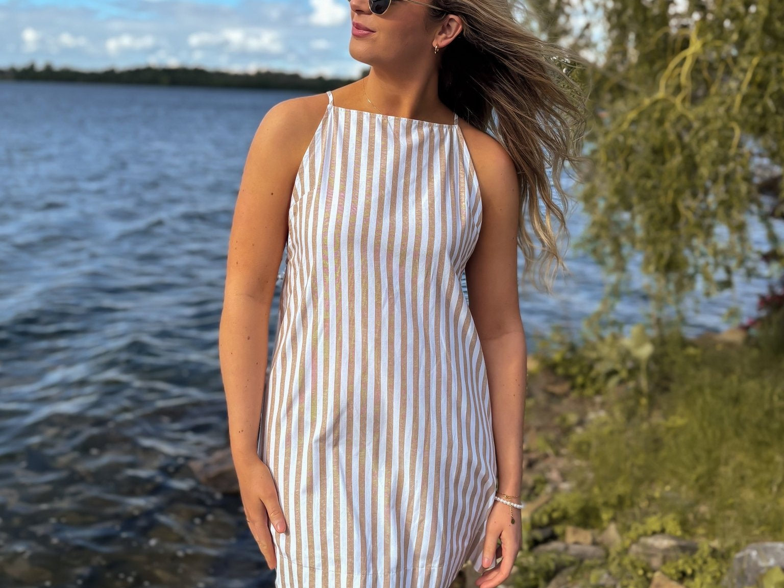 Muskoka Striped Straight Neck Knee-Length Dress in Beige - Love and Lee Apparel