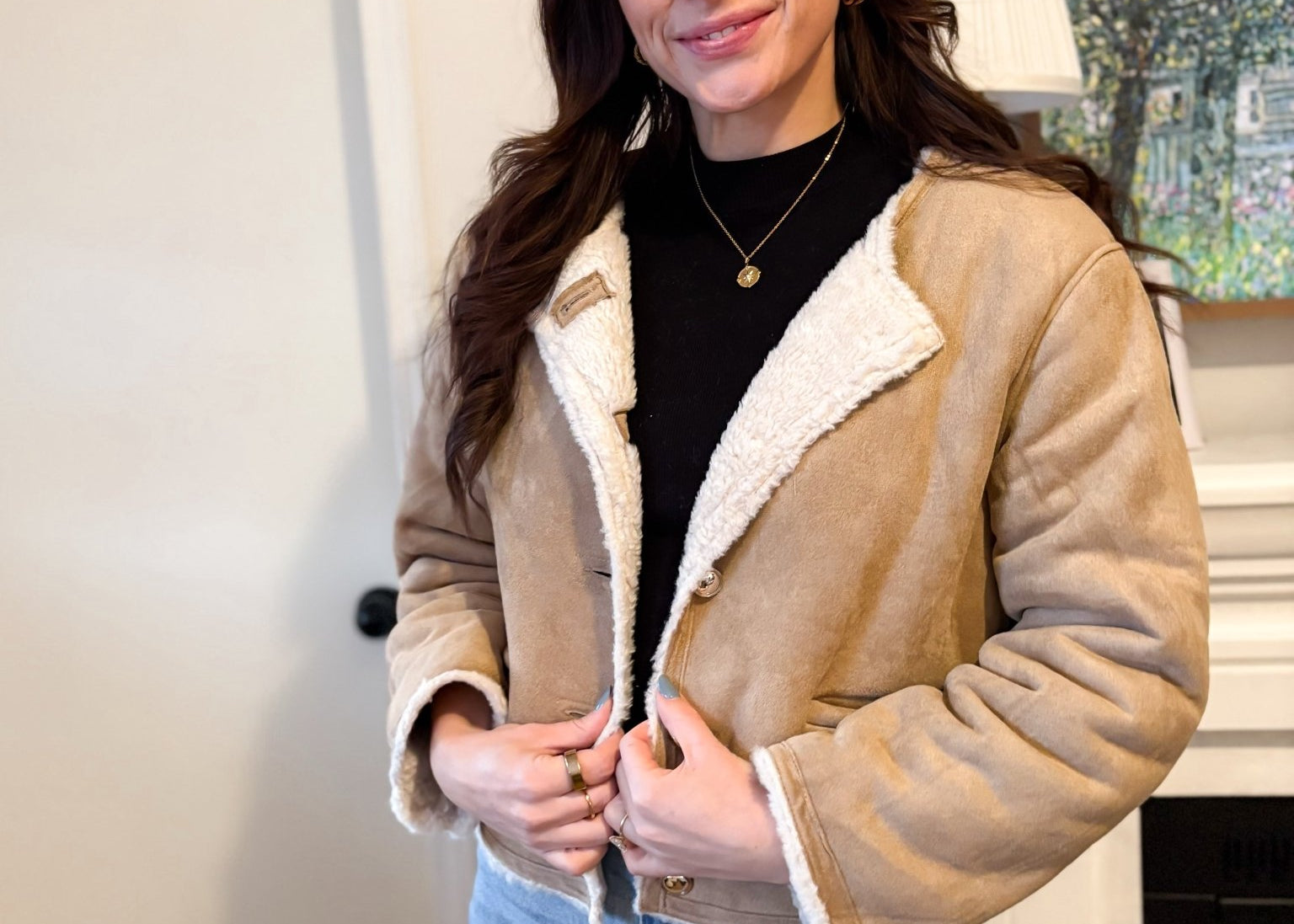 The Monique Long Sleeve Gold Button Closure Inner Fur Faux Suede Jacket - Love and Lee Apparel