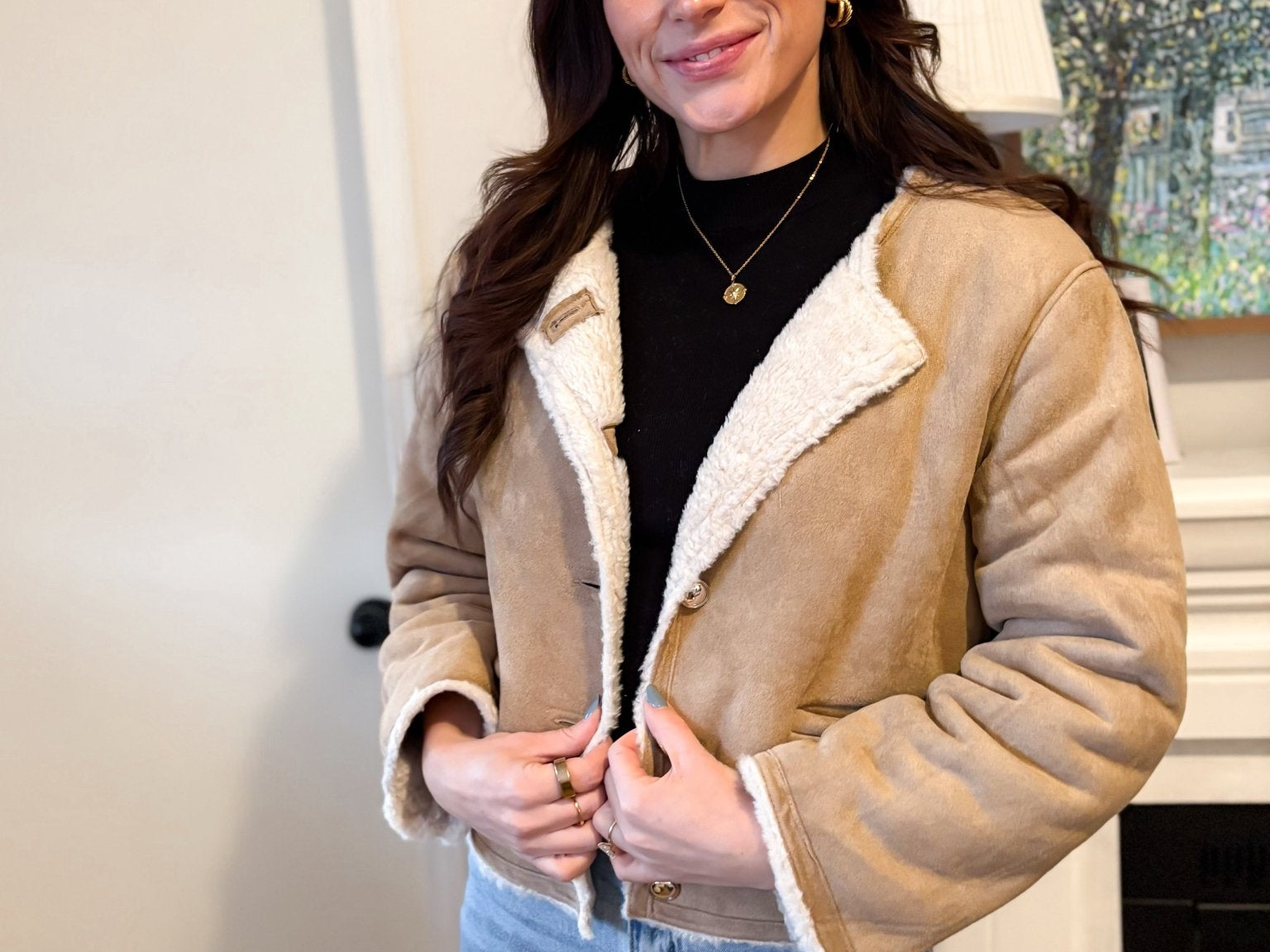 The Monique Long Sleeve Gold Button Closure Inner Fur Faux Suede Jacket - Love and Lee Apparel