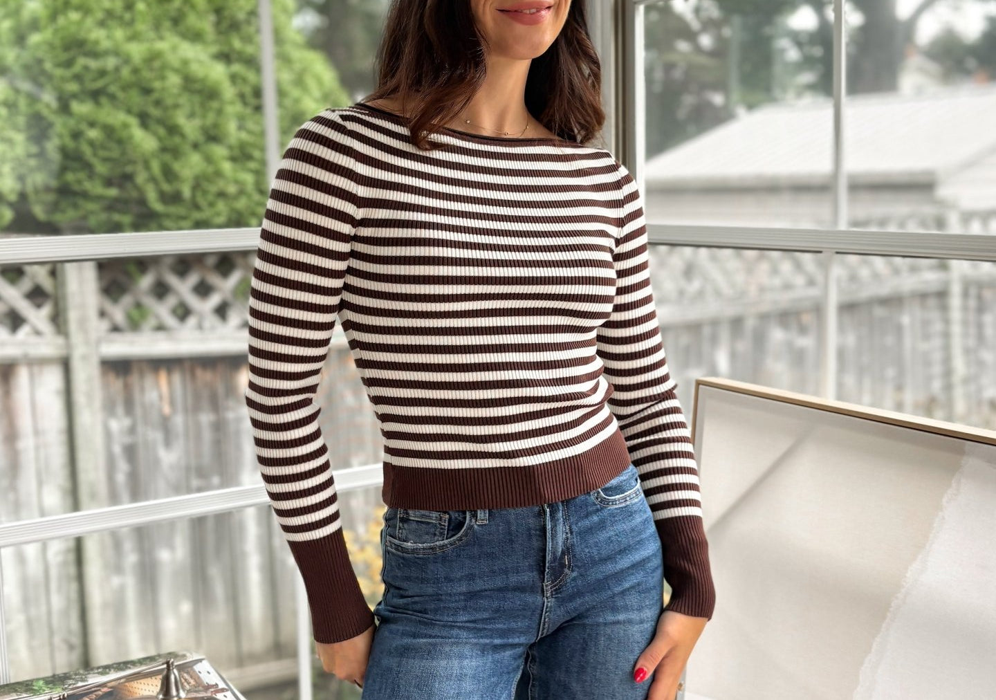 'Study Hall' Boat Neck Stripe Ribbed Long Sleeve Sweater Top - Love and Lee Apparel
