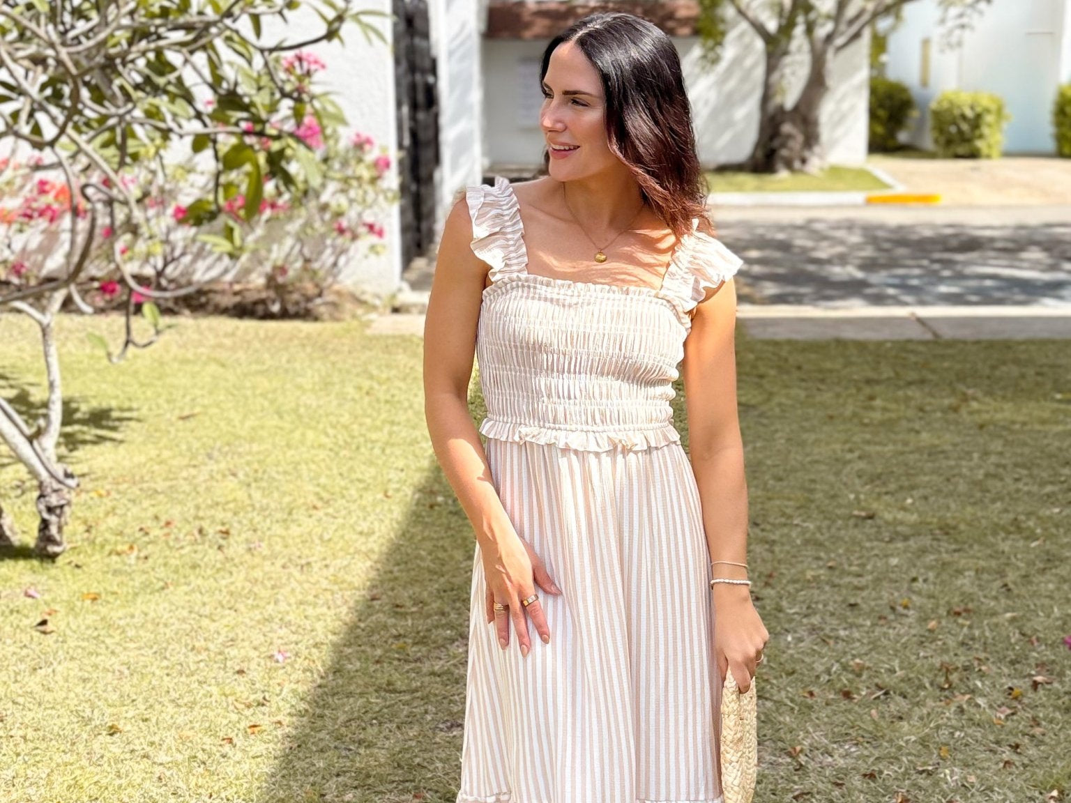 The Macy Stripe Smocked Ruffle Trim Midi Dress - Love and Lee Apparel
