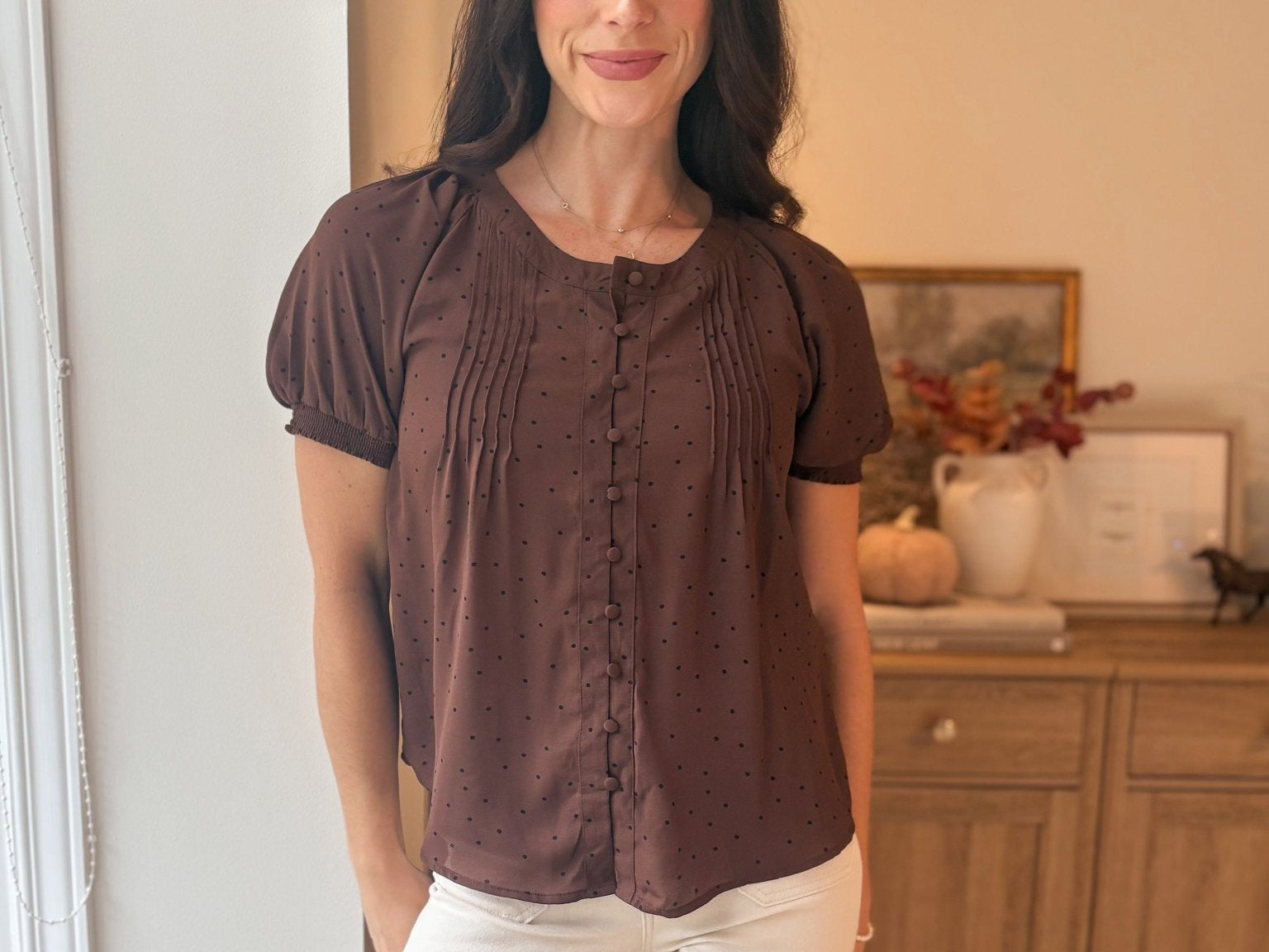 The Mayfair Pintuck Polka Dot Button Down Puff Sleeve Top - Love and Lee Apparel
