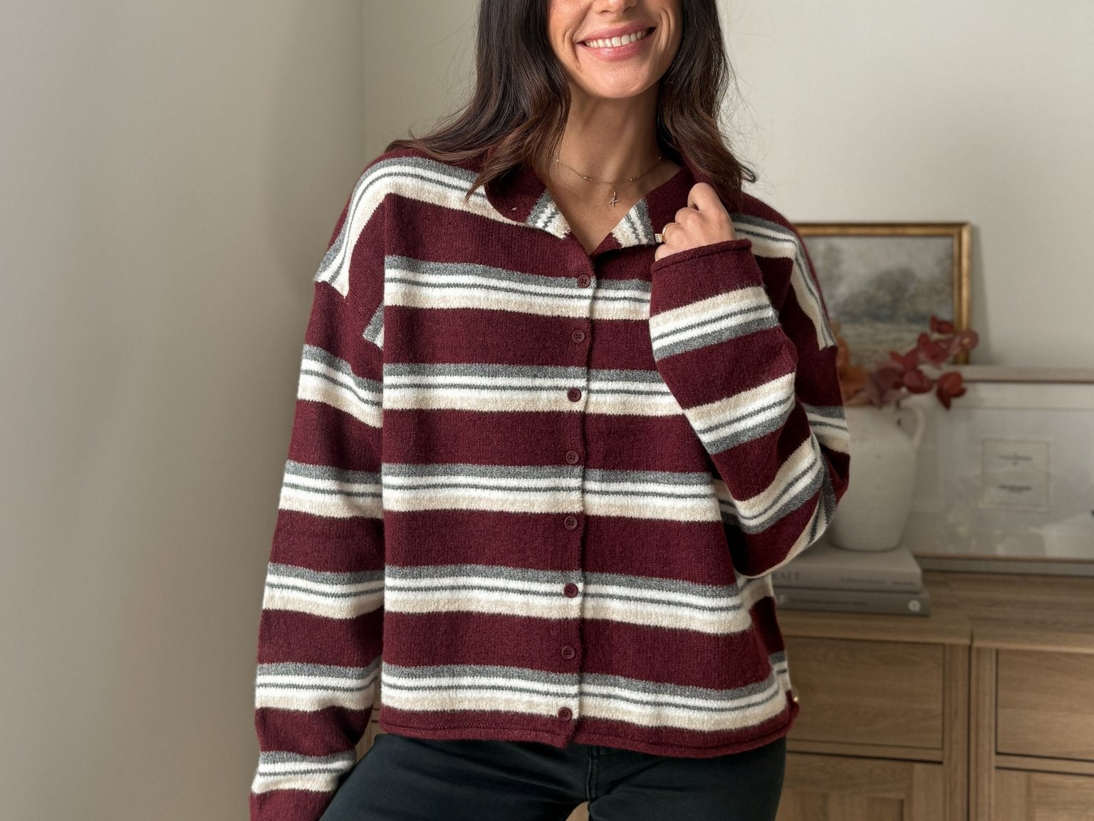 The 'Sparkling Cider' Multi-Color Stripe Rolled Neck Knit Cardigan - Love and Lee Apparel