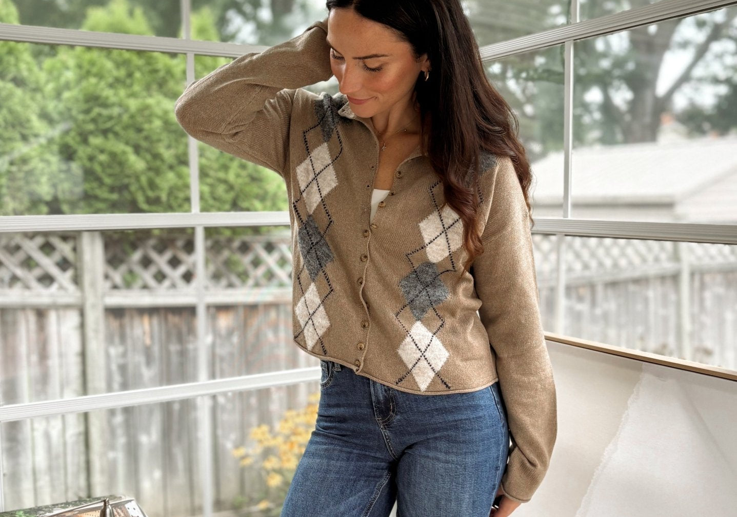 'Freshman Fall' Argyle Mock Neck Button Down Knit Cardigan - Love and Lee Apparel