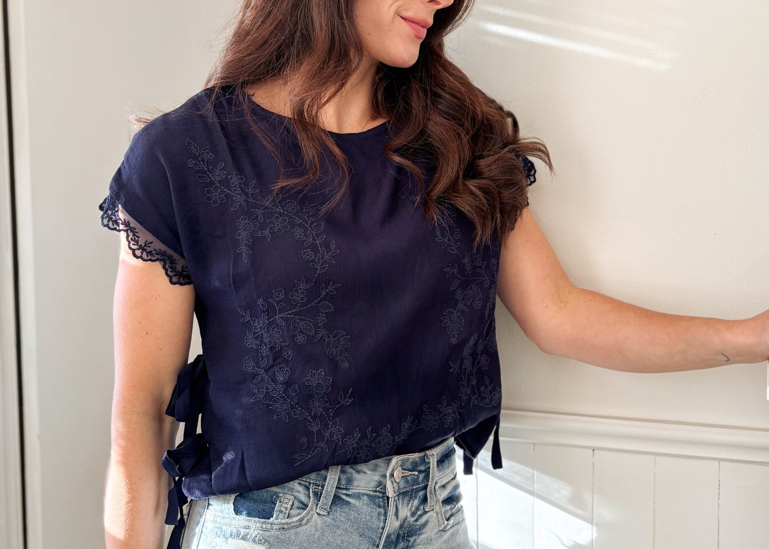 The Tyra Lace Detail Blouse in Navy - Love and Lee Apparel