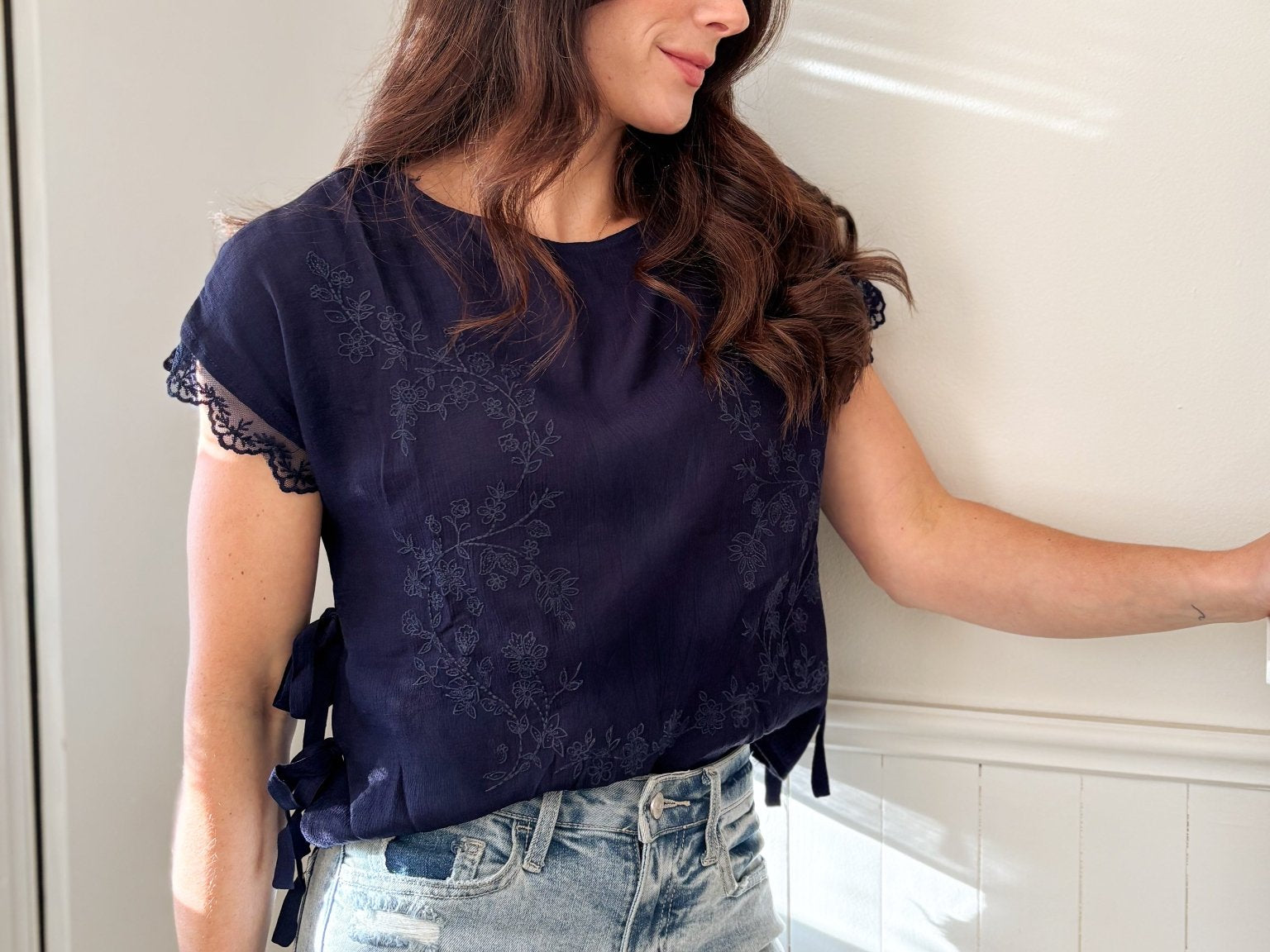 The Tyra Lace Detail Blouse in Navy - Love and Lee Apparel