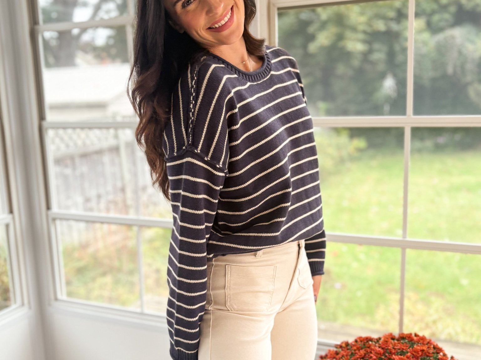 The Highlands Striped Drop Shoulder Crew Neck Sweater in Navy - Love and Lee Apparel