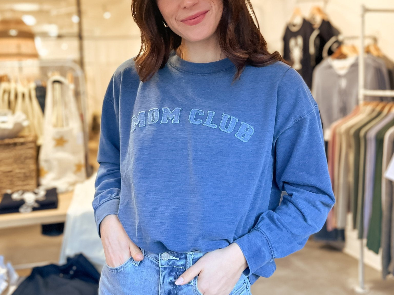 The Mom Club Crewneck Knit Top in Indigo Denim Blue - Love and Lee Apparel