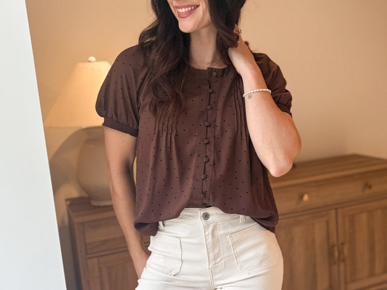 The Mayfair Pintuck Polka Dot Button Down Puff Sleeve Top - Love and Lee Apparel