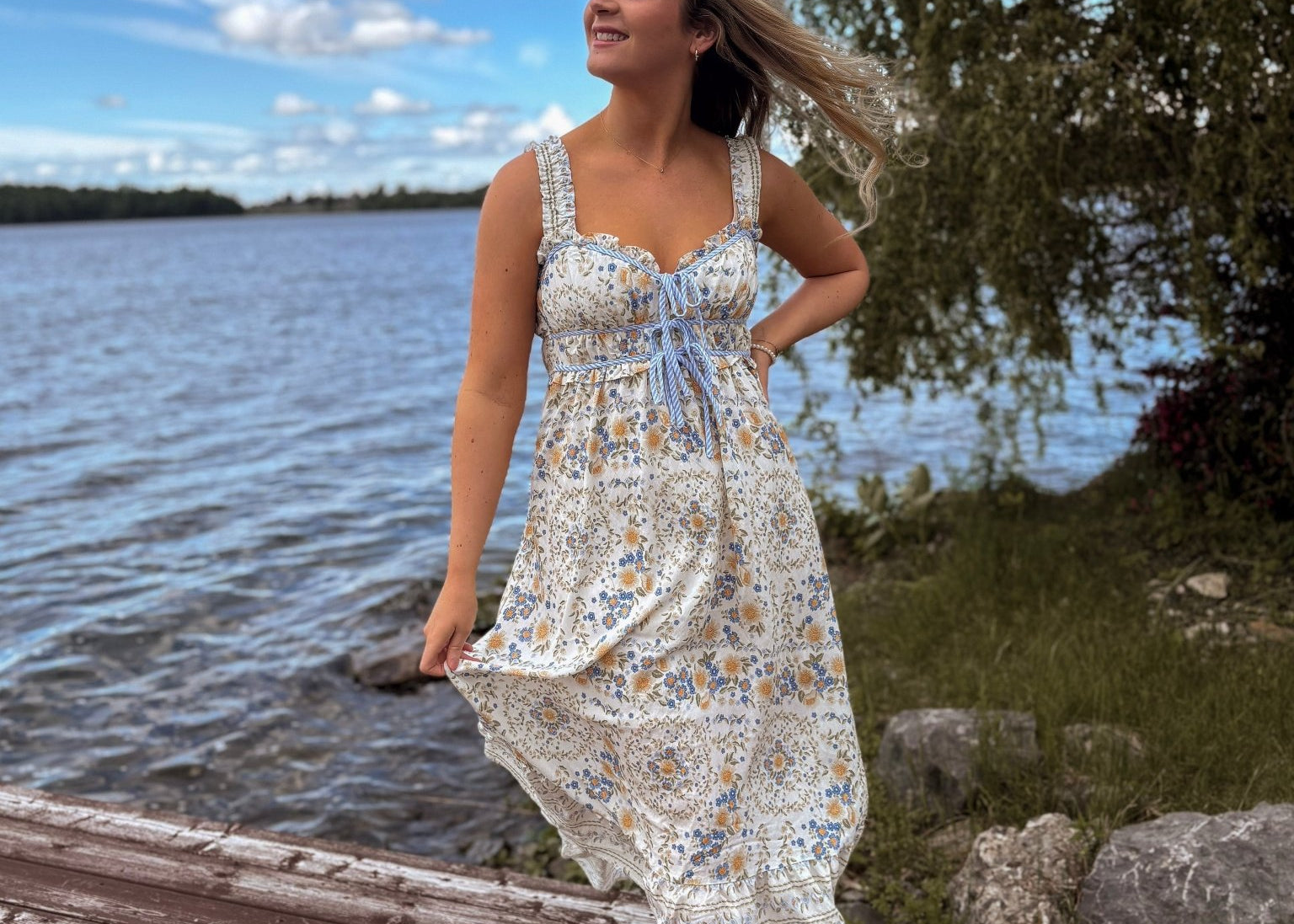 Seaview Border Floral Sleeveless Front Tie Midi Dress - Love and Lee Apparel