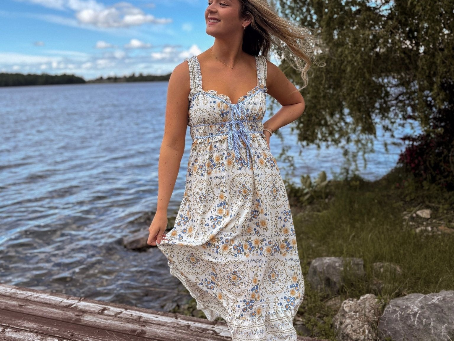 Seaview Border Floral Sleeveless Front Tie Midi Dress - Love and Lee Apparel