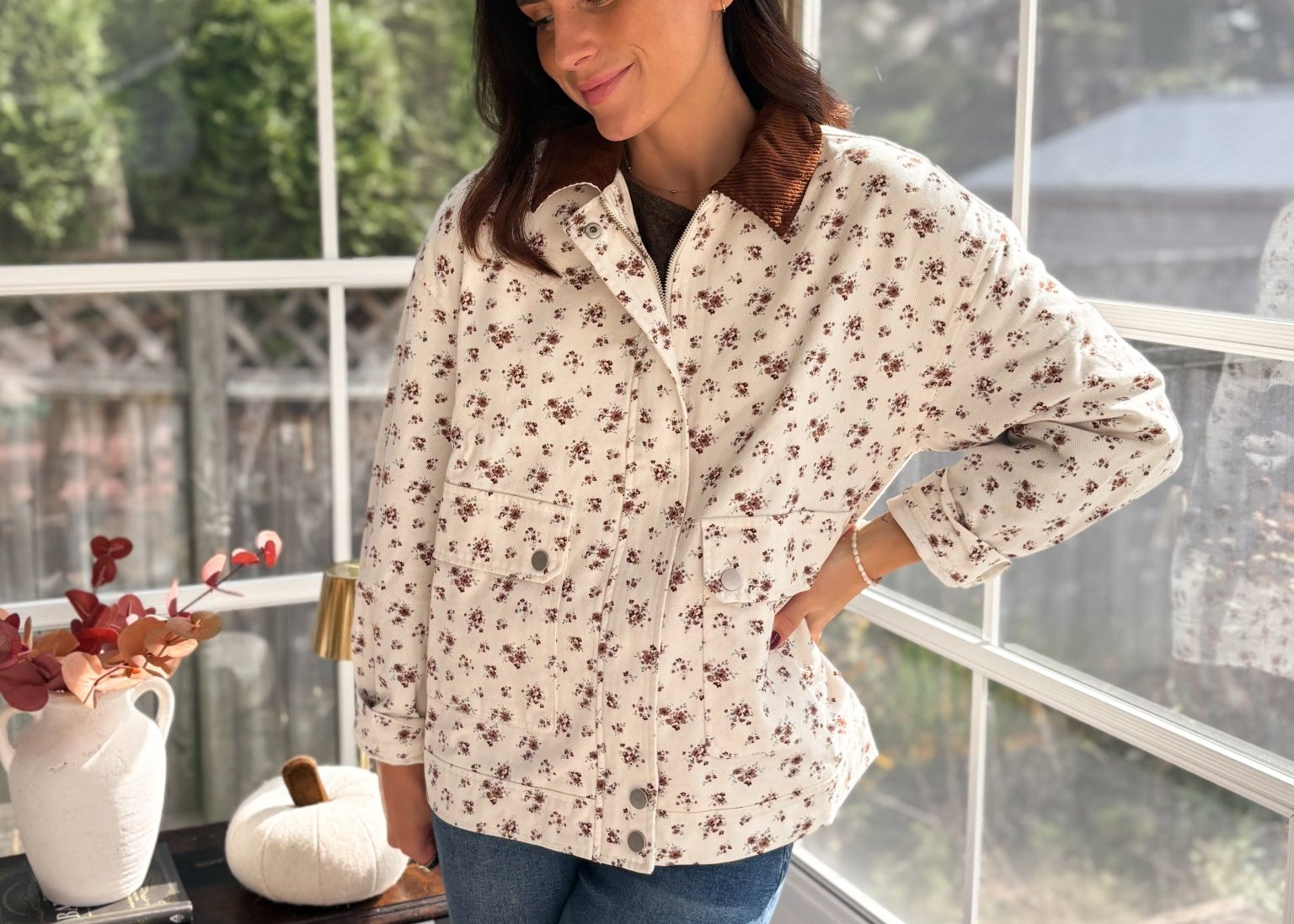 Golden Grove Floral Corduroy Collar Denim Jacket - Love and Lee Apparel