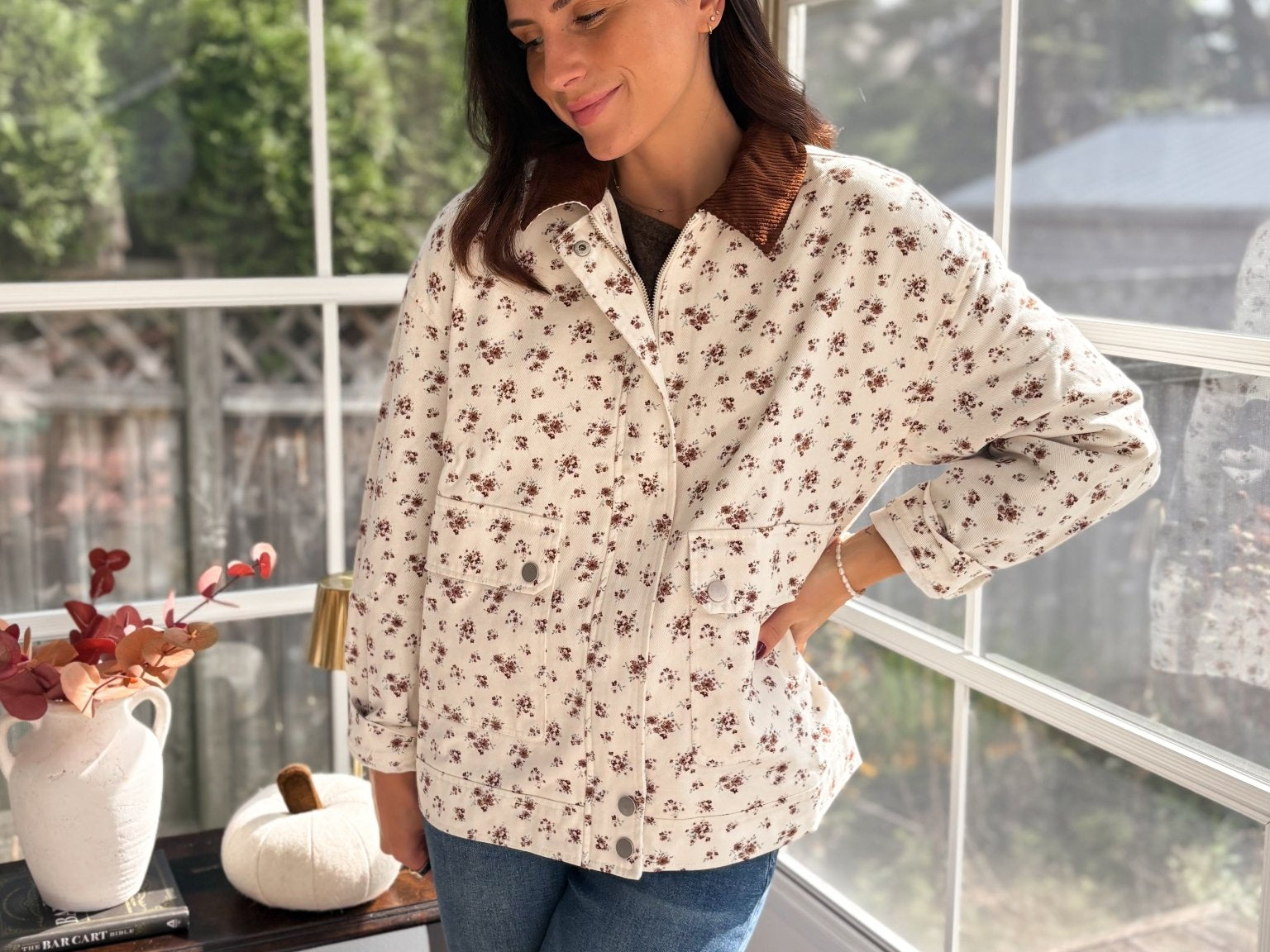 Golden Grove Floral Corduroy Collar Denim Jacket - Love and Lee Apparel