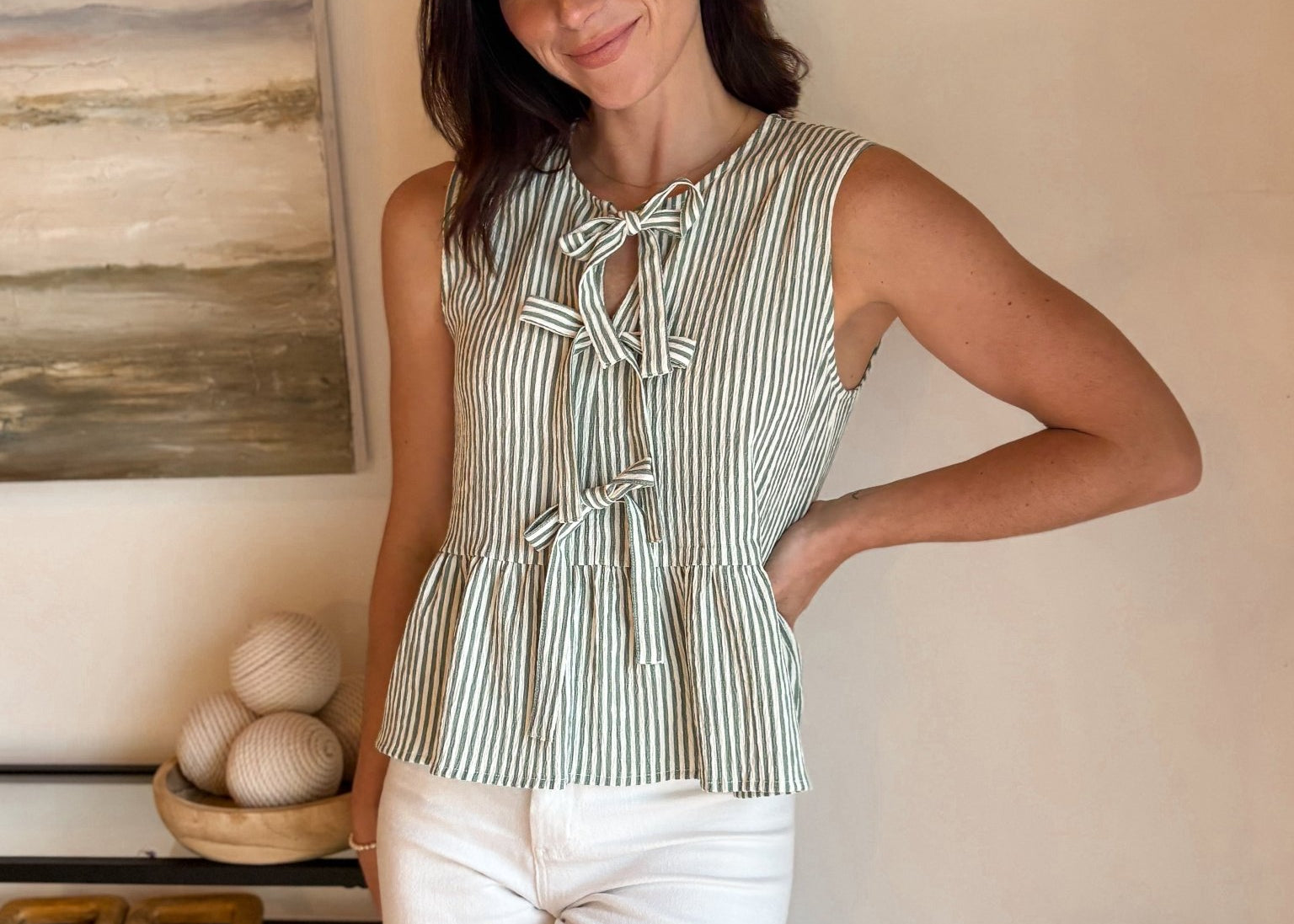 Cruising Stripe Front Tie Sleeveless Ruffle Hem Top - Love and Lee Apparel
